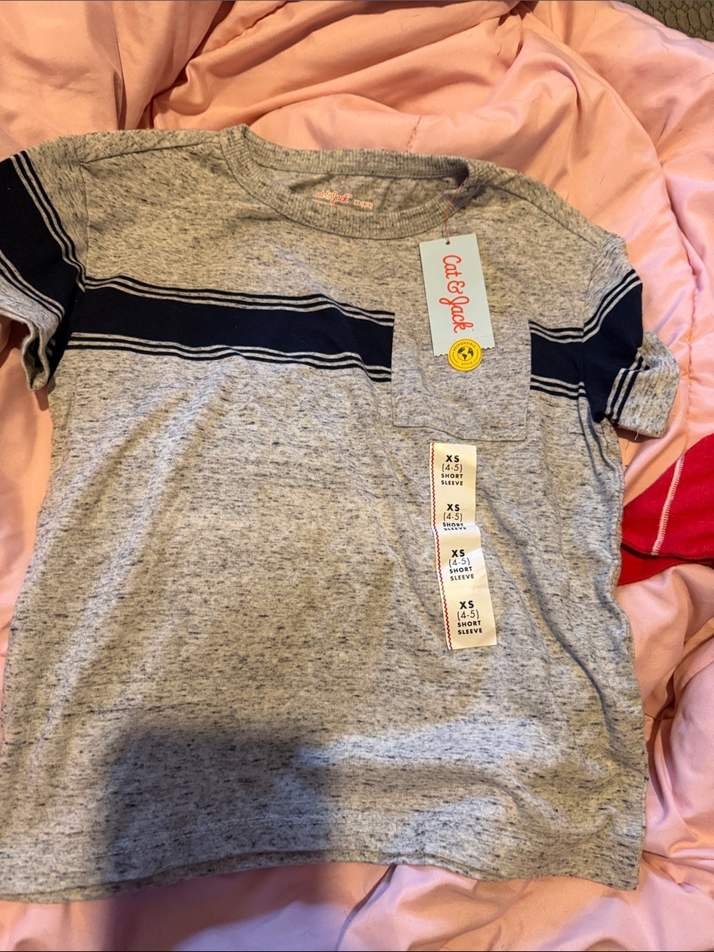 Cat & Jack Gray Heather Tee with Navy Stripe Pocket - XS